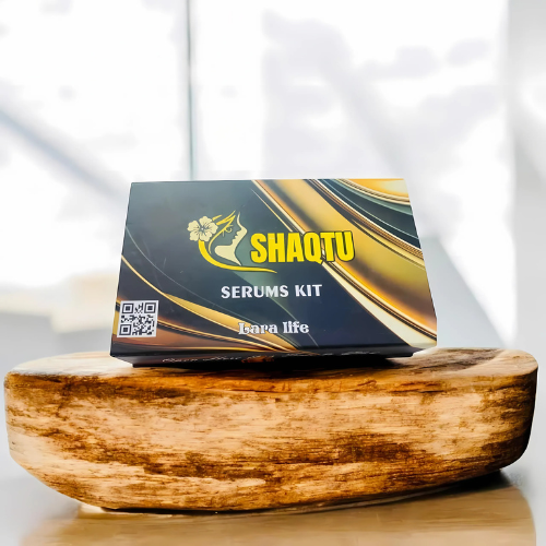 SHAQTU serums kit displayed on a wooden surface, highlighting skincare transformation and hydration.