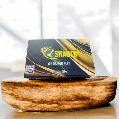 SHAQTU serums kit displayed on a wooden surface, highlighting skincare transformation and hydration.